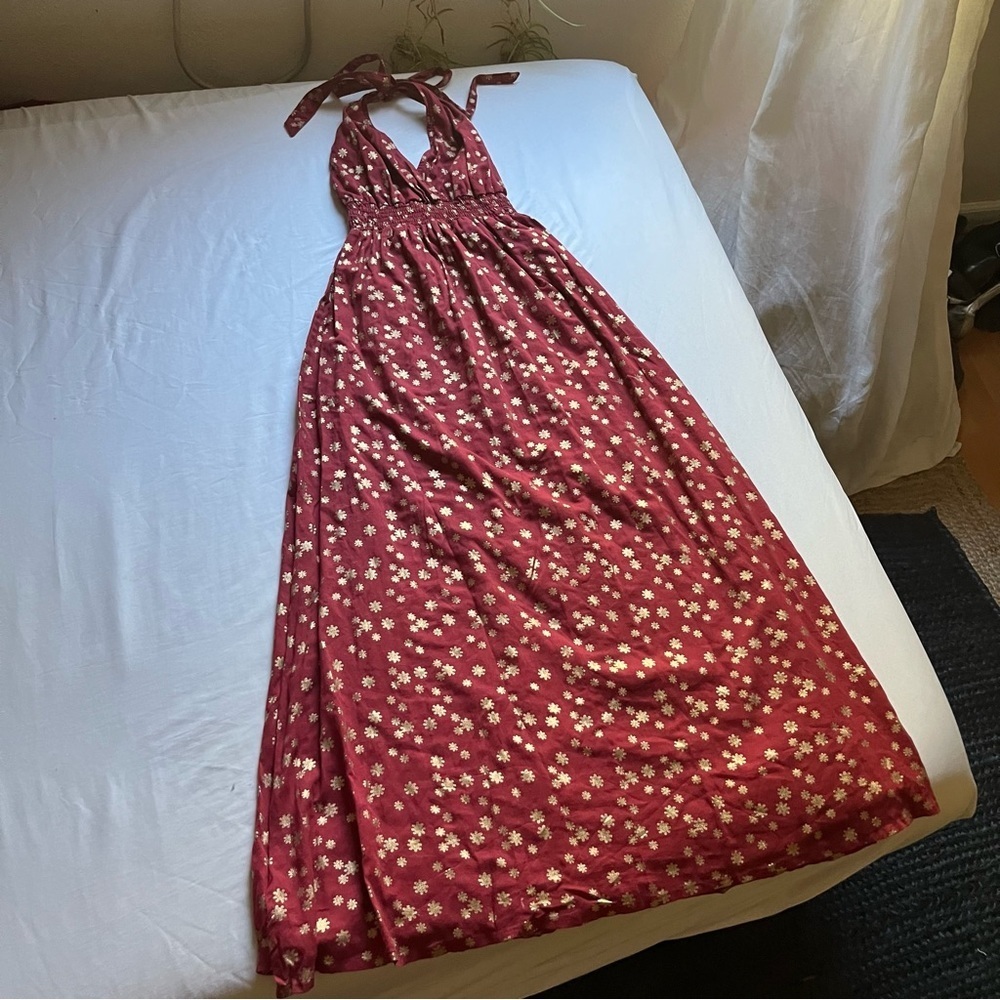 SUNDRESS red gold metallic floral‎ print halter sleeveless backless maxi dress